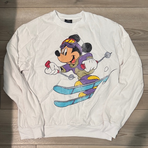 Disney White Crewneck Sweater with Mickey Mouse Skiing - Picture 1 of 4